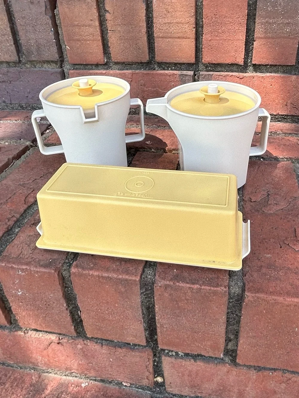Vintage 1970s Tupperware Almond Harvest Gold Creamer, Sugar Pitcher & Butter Set